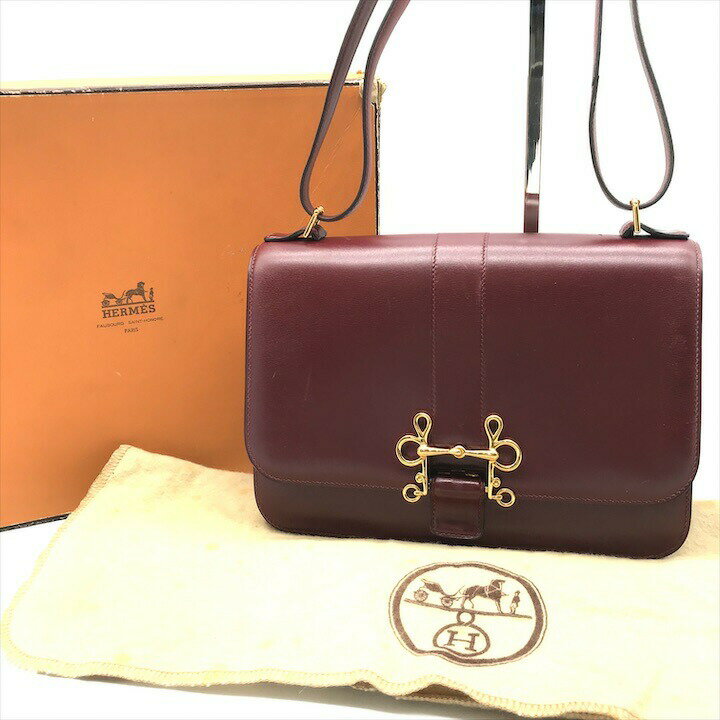 【中古】美品 HERMES エルメス ソローニュ ボックスカーフ ヴィンテージ 2WAY ショルダー バッグ ルージュアッシュ ゴールド金具 a3198