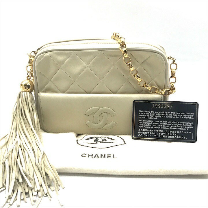 良品 CHANEL シャネル ココマーク マトラッセ チェーン フリンジ ショルダー バッグ クリーム系 a3547