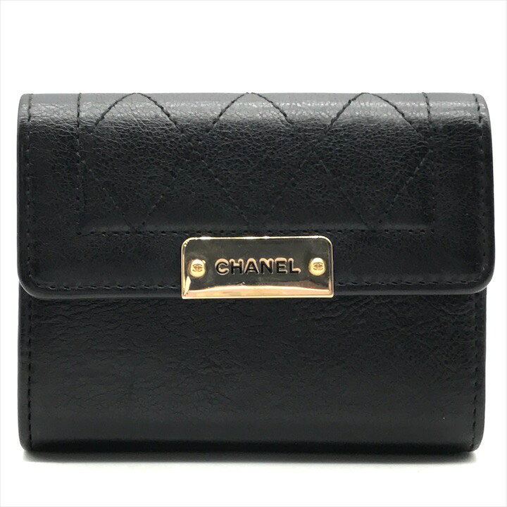 Rakuten - 【中古】美品 CHANEL シャネル ロゴ金具 マトラッセ 財布 ウォレット コインケース ブラック レディース a3668