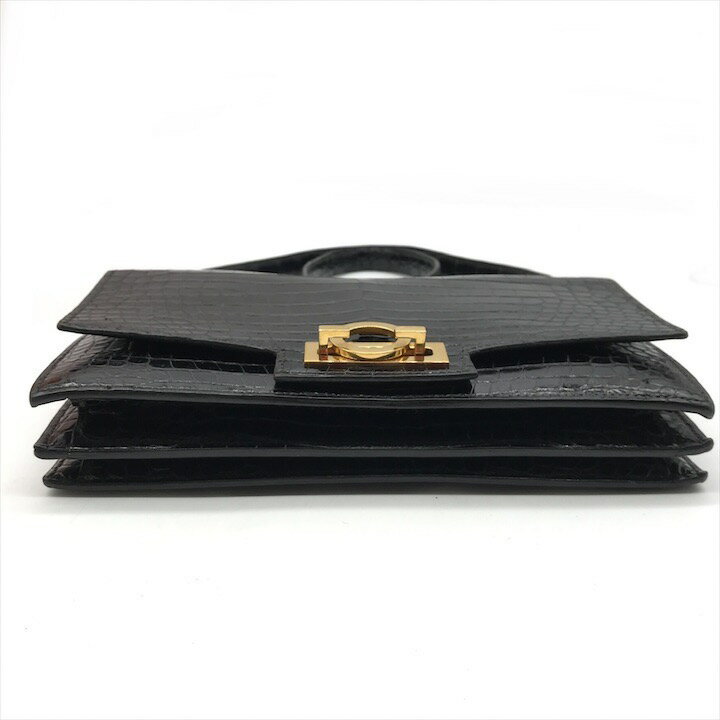 【中古】良品 HERMES エルメス リングドゥ ポロサス ブラック ショルダー バッグ クロコダイル マルG刻印 ブラック レディース k2688