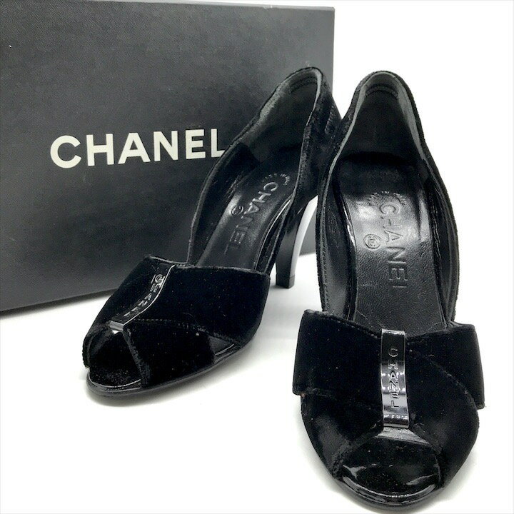 シャネルロゴレザーブラックローファーパンプス341/2美品