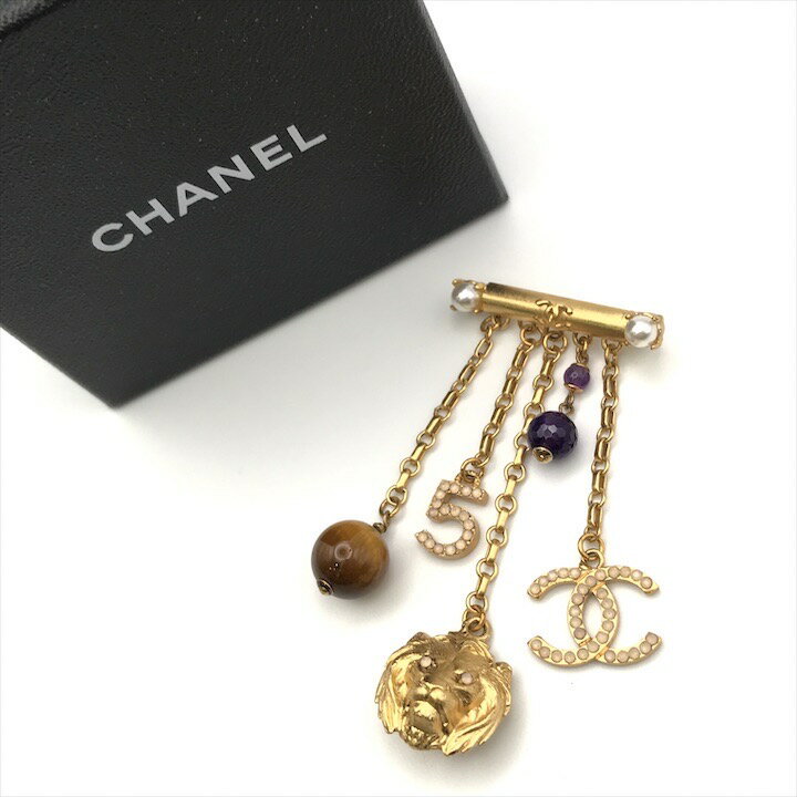 【中古】展示品 CHANEL シャネル ココマーク ライオン モチーフ カラーストーン タイガーアイ ブローチ..