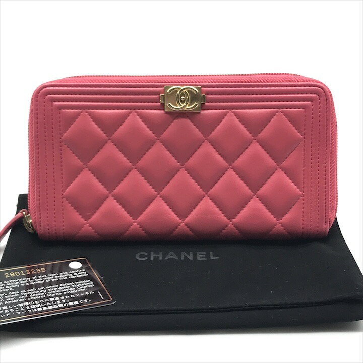 【中古】良品 CHANEL シャネル ボーイシャネル ラムスキン 長財布 ウォレット ラウンドファスナー ピンク レディース k3230