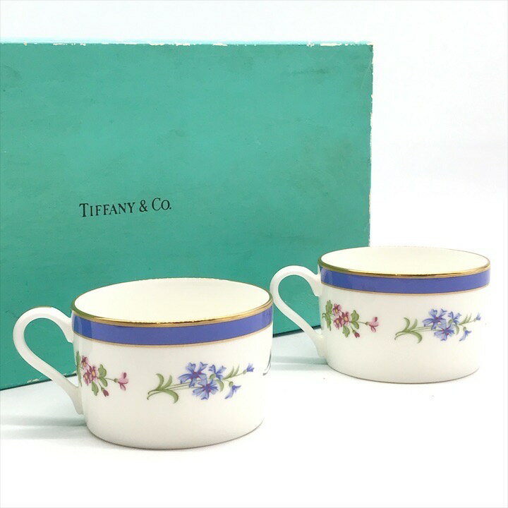 【中古】保管品 TIFFANY＆Co ティファニー マグカップ 箱付き カップ＆ソーサー 2客 セット 食器 ブルー k3507