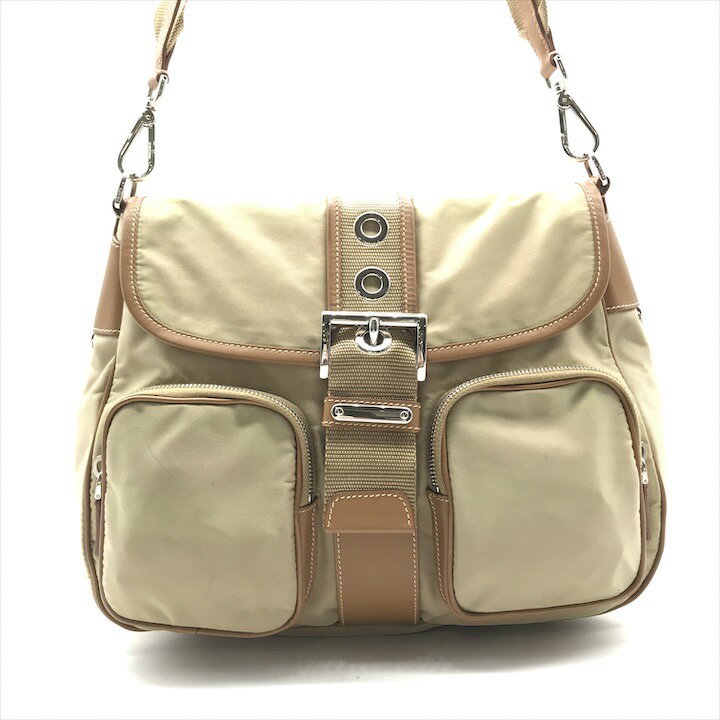 【中古】良品 PRADA プラダ 三角ロゴ プレート ナイロン レザー ショルダー バッグ 斜め掛け ブラウン k3470