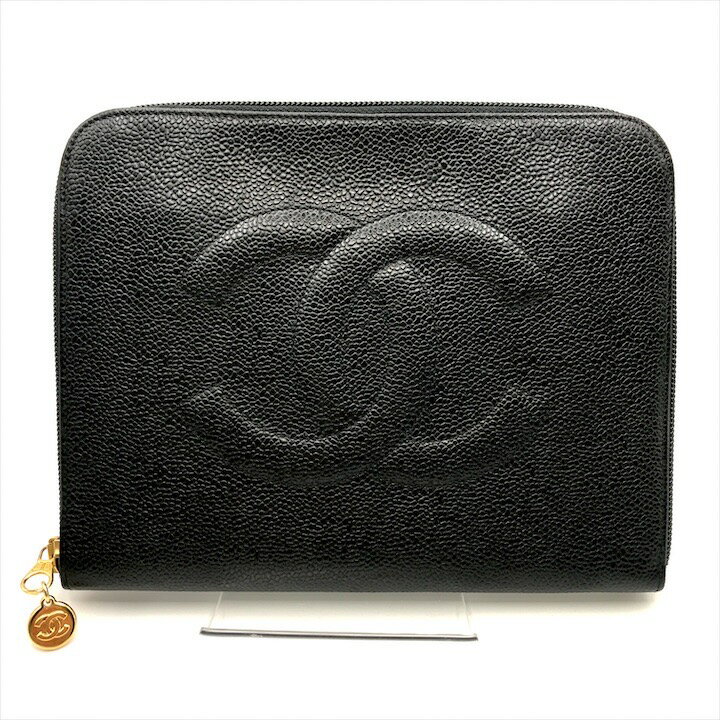 【中古】美品 CHANEL シャネル ココマーク キャビアスキン ミニ ポーチ セカンド バッグ ブラック a6625