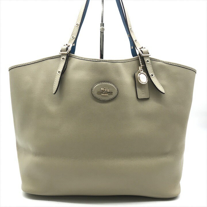 【中古】良品 COACH コーチ ロゴ金具 ゴールド金具 PVC トート バッグ ベージュ ブルー レディース ブランド 鞄 k4501