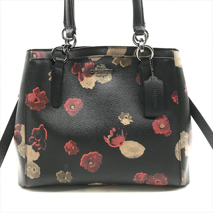 【中古】美品 COACH コーチ フローラル 2WAY ハンド ショルダー バッグ ブラック k4890