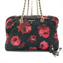 【中古】美品 PRADA プラダ 三角ロゴ プレート ナイロン キルティング フラワー ボストン バッグ ブラック a7878(4)