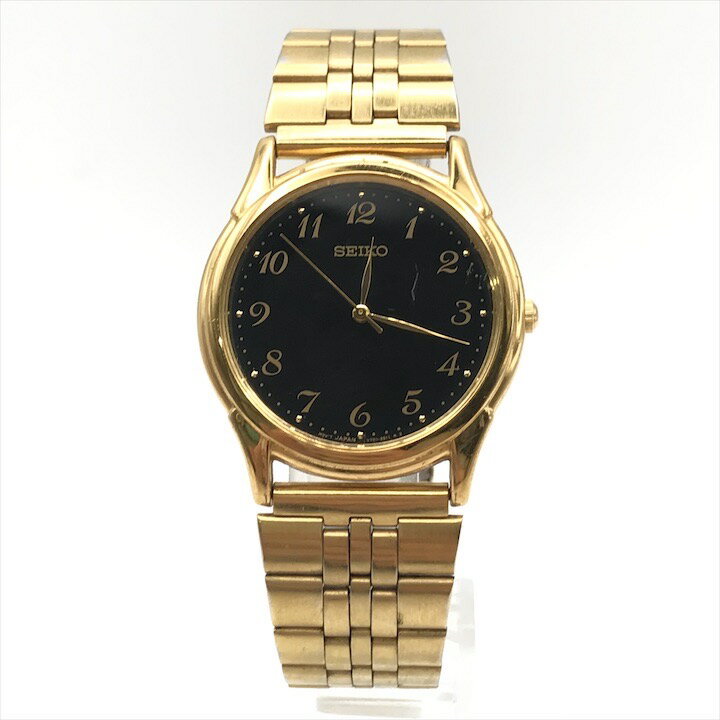 【中古】良品 SEIKO セイコー アラビア ブラック文字盤 V701-1920 クオーツ Qz メンズ 腕時計 ゴールド 稼働品 m14247