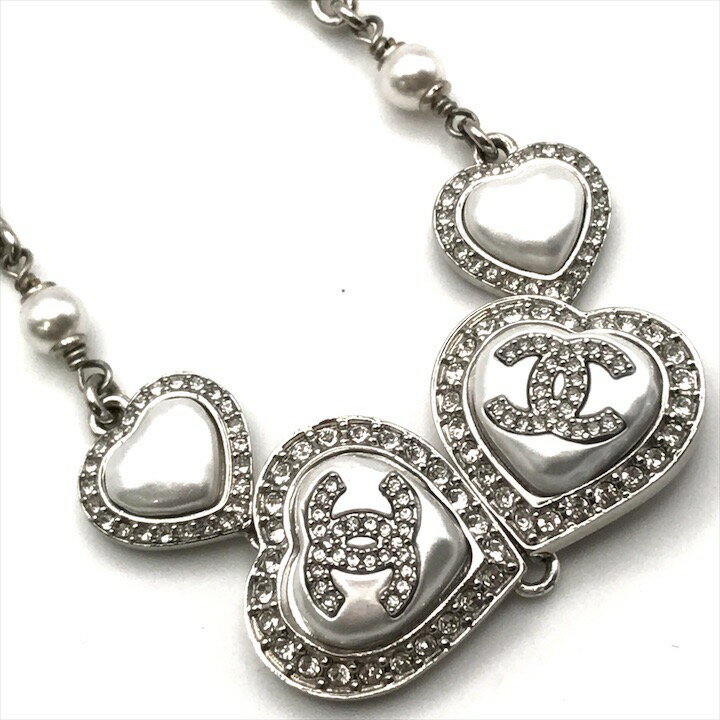 【中古】美品 CHANEL シャネル ココマーク ハート ラインストーン B23B レディース アクセサリー チョーカー ネックレス シルバー a8156