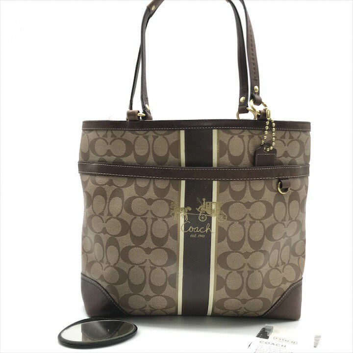 【中古】美品 COACH コーチ シグネチャー ハンド トート バッグ PVC レザー ブラウン レディース ブランド 鞄 かばん ミラー付き co2