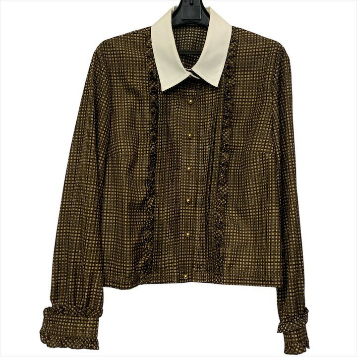 【中古】美品 Lelian レリアン チェック ブラウス ラメフリル 金ボタン 長袖 シャツ 薄手 レディース ブラウン c109