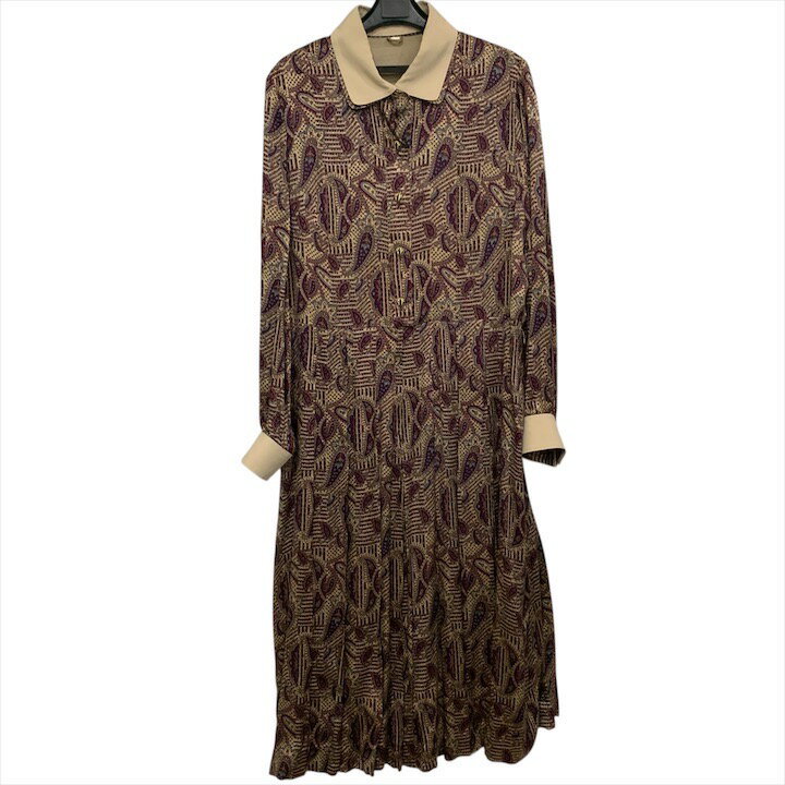 【中古】美品 Lelian レリアン シルク 100％ 総柄 ペイズリー プリーツ レイヤード カラー ヴィンテージ ロング ワンピース 長袖 レディース c115