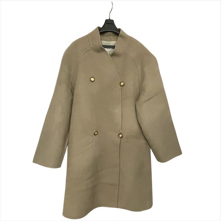 【中古】美品 Lillian Gish リリアン ギッシュ プレタポルテ カシミヤ混 ノーカラー ロングコート 金ボタン ブラウン系 フリーサイズ c116