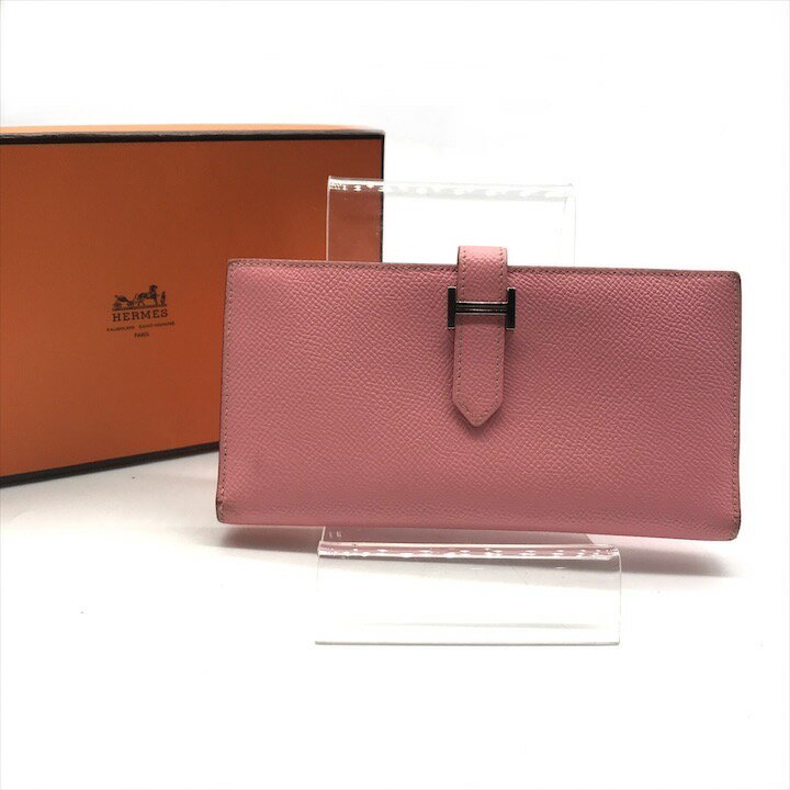 【中古】良品 HERMES エルメス ベアンスフレ 2つ折り マチ付き 長財布 シルバー金具 シカクR刻印 ウォレット ピンク レディース 箱付き h484