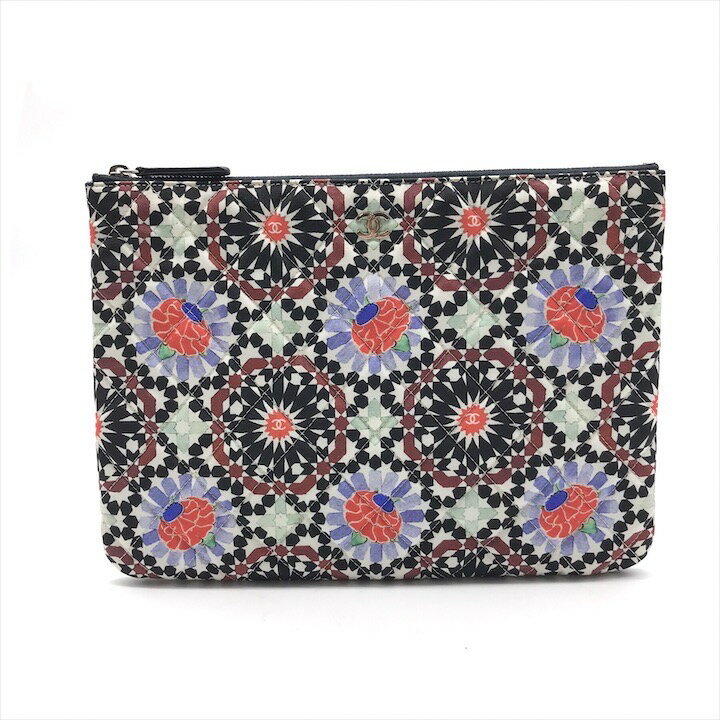 【中古】良品 CHANEL シャネル ココマーク マトラッセ クラッチ セカンド バッグ マルチカラー マルチポーチ フラワーモチーフ キャンバス h747