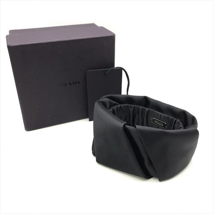 【中古】超美品 PRADA プラダ サテン シュシュ ヘアアクセサリー 髪留め ヘアゴム ブラック レディース 小物 箱付き ブランド k5557