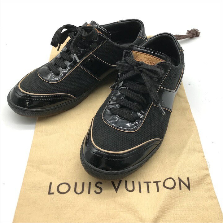 【中古】良品 LOUIS VITON ルイヴィトン キャンバス パテント レディース スニーカー シューズ 靴 36 1/2 ブラック a9626