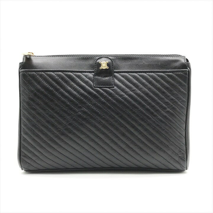 【中古】良品 CELINE セリーヌ レザー マカダム トリオンフ 斜めステッチ クラッチ バッグ ブラック レディース ブランド 鞄 カバン Bag a9855