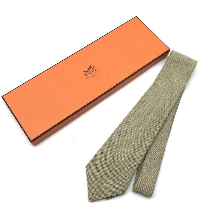 HERMES 31 - 【中古】美品 HERMES エルメス ネクタイ メンズ リネン 服飾小物 シンプル 無地 ビジネス 紳士 スーツ フォーマル グリーン系 k6310