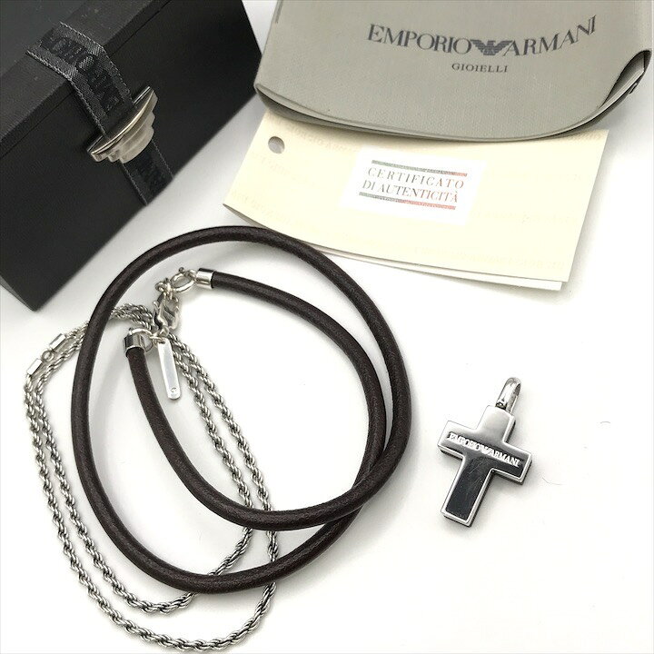 【中古】美品 EMPORIO ARMANI アルマーニ レザー チェーン クロス 十字架 ネックレス アクセサリー シルバー ブラウン メンズ レディース m14996