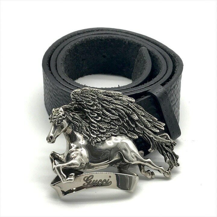 【中古】良品 GUCCI グッチ ベルト ペガサス バックル 90-36 ブラック レザー ロゴ シルバー金具 メンズ 服飾小物 ファッション r104(4.0)