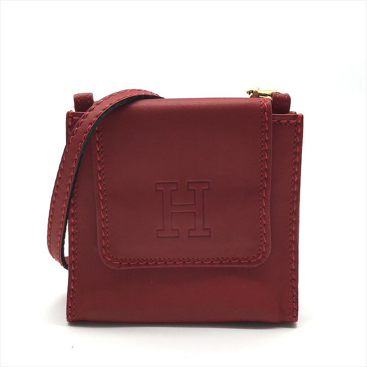 【中古】良品 HIROHU ヒロフ レザー H型押し ミニ ショルダー バッグ ポーチ レッド ブランド 鞄 BAG k6906