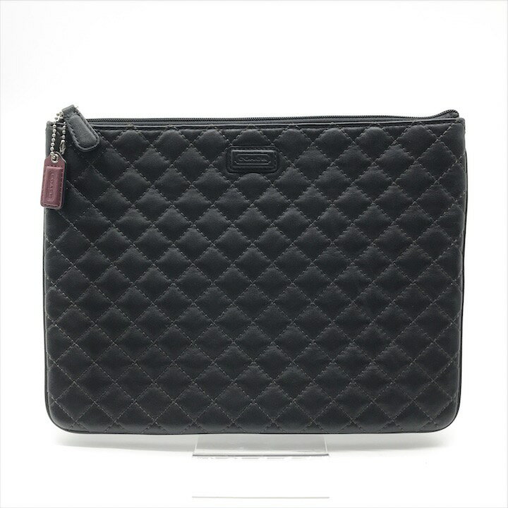 【中古】超美品 COACH コーチ ロゴ キルティング レザー クラッチ バッグ レディース メンズ ファッション小物 鞄 かばん ブラック r384