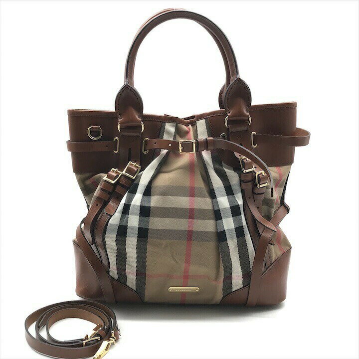 【中古】良品 Burberry バーバリー ノバチェック 2WAY キャンバス レザー ハンド ショルダー バッグ ブラウン レディース ブランド カバン a11228