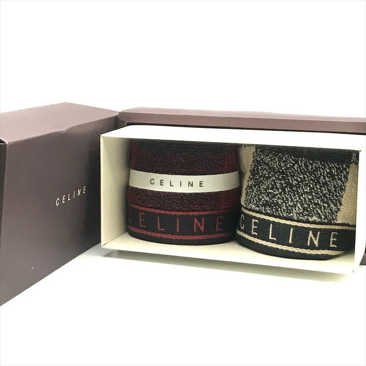 【中古】新品未使用 CELINE セリーヌ タオル ハンカチ ウォッシュタオル 2枚 セット 綿 100％ ブラック レッド ギフト プレゼント 箱付き m15276