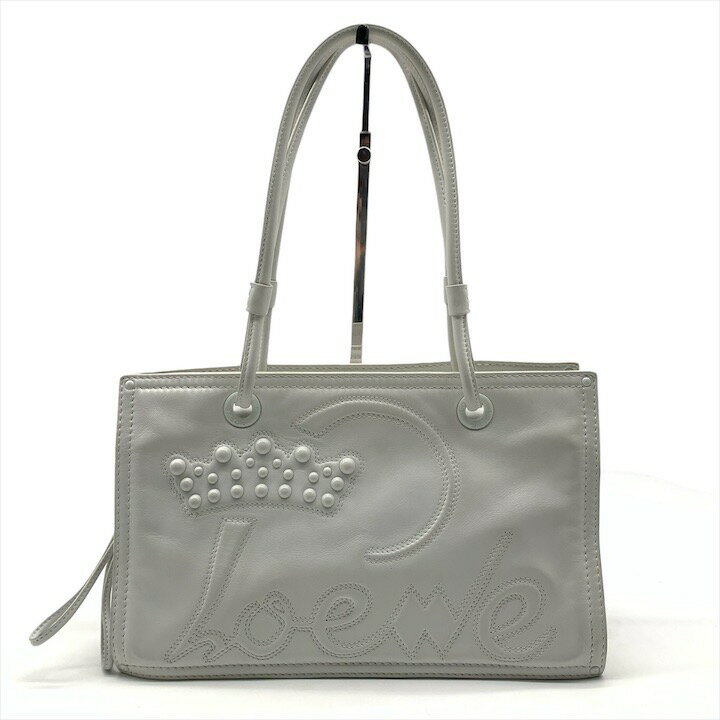 【中古】美品 LOEWE ロエベ レザー アナグラム クラウン ショッパー ハンド バッグ ホワイト レディース ブランド バッグ k3382k