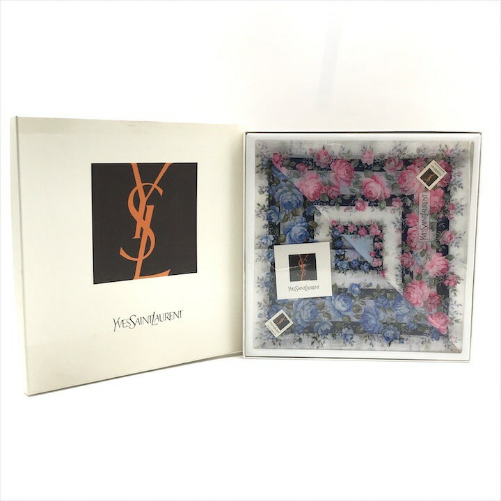 【中古】新品未使用 YSL イヴサンローラン ハンカチ 大判 2枚 セット レディース ギフト プレゼント 綿 100％ 花柄 フラワー ピンク ブルー m15273