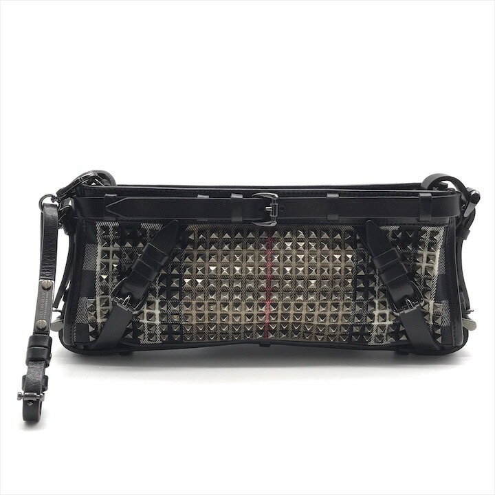 【中古】美品 Burberry バーバリー スタッズ ベルト ノバチェック柄 クラッチ ハンド ポーチ バッグ ブラック ブランド 鞄 BAG a11004