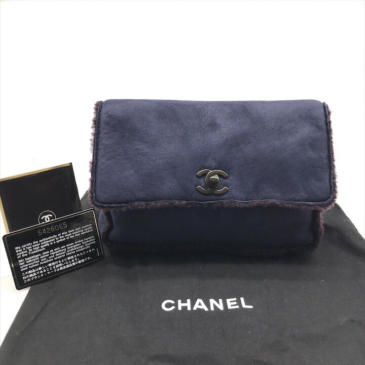 【中古】良品 CHANEL シャネル ココマーク ターンロック ムートン ハンド クラッチ バッグ ネイビー レディース ブランド かばん BAG a11195