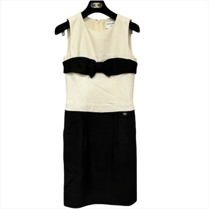 【中古】良品 CHANEL シャネル リボン マトラッセ ココマーク チェーン バッグチャーム付き ツイード ワンピース レディース 09P 36 h783