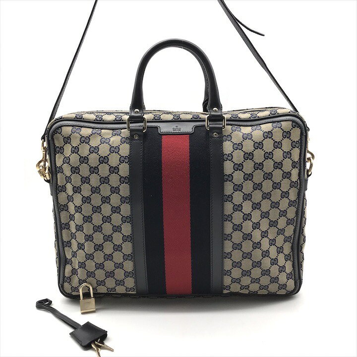 GUCCI - 【中古】良品 GUCCI グッチ GGキャンバス ビジネス バッグ 2WAY ハンド ショルダー バッグ シェリーライン ネイビー メンズ ブランド 鞄 r748