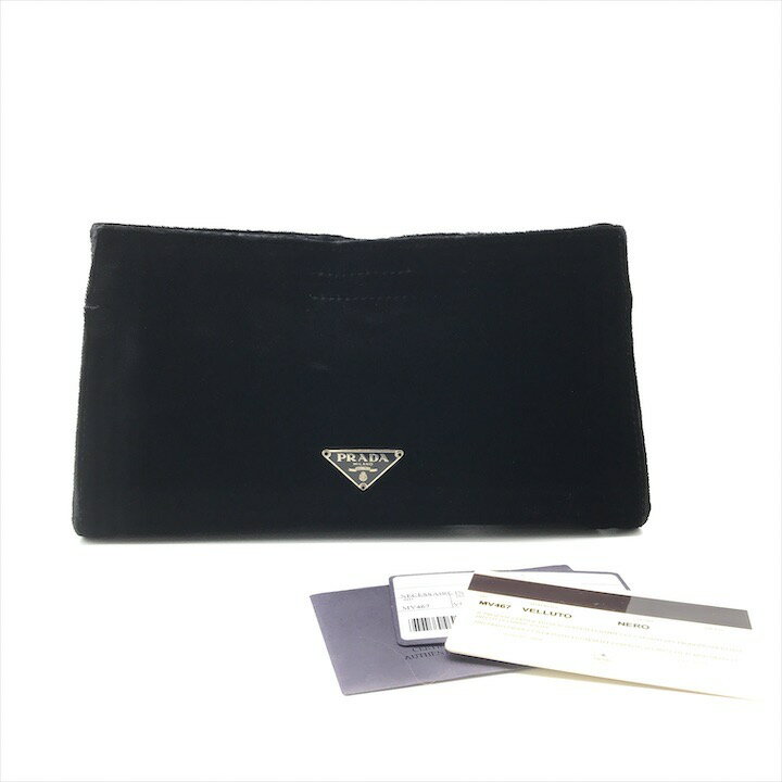 【中古】良品 PRADA プラダ ベロア 三角ロゴプレート ポーチ ブラック ブランド クラッチ バッグ 小物 ファッション 服飾 r800