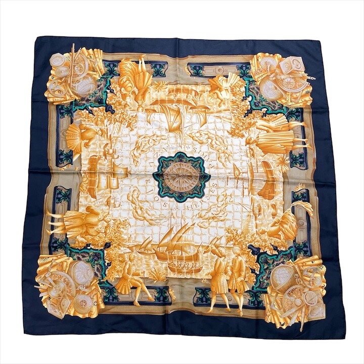 【中古】超美品 HERMES エルメス カレ90 アズレージョ AZULEJOS シルク 大判 スカーフ ストール 小物 ブラック イエロー レディース c207