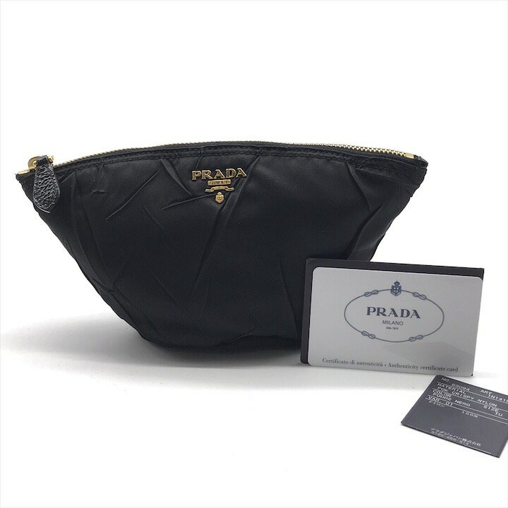 【中古】良品 PRADA プラダ ナイロン ロゴ金具 ジップ メイク ポーチ ブランド バッグ 鞄 雑貨 ファッション 小物 ブラック k7328