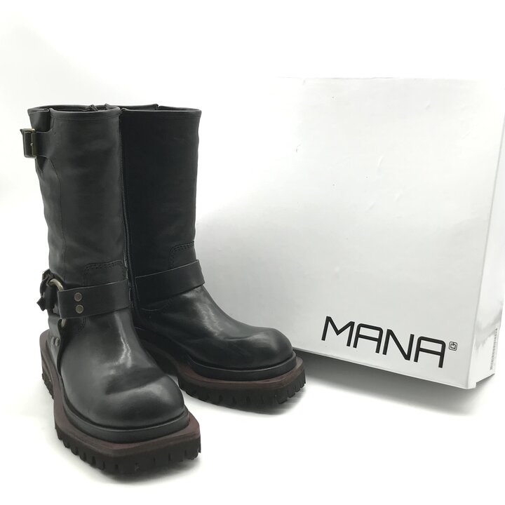 MANA エンジニア ロング ブーツ レザー 本革 サイドジップ 38 黒 送料無料】MANA マナ ヴィンテージ・エンジニアブーツ 本革 靴 558033