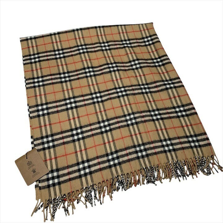 【中古】未使用品 BURBERRY バーバリー タグ付 マフラー 大判ストール ノバチェック 100％ ラムウール 羊毛 服飾小物 ユニセックス ブラウン r817