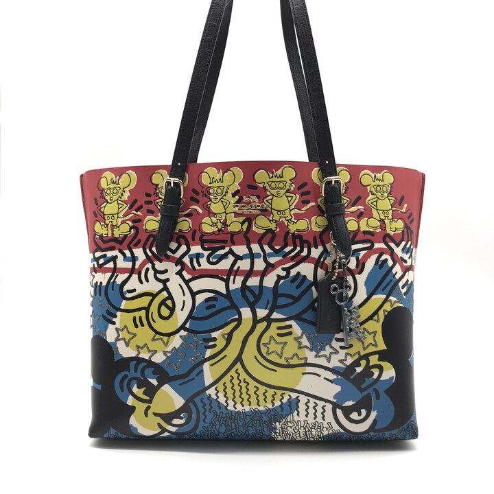 【中古】良品 COACH コーチ キースへリング モリー ディズニー ミッキーマウス コラボ レザー トート バッグ マルチカラー ブランド r973