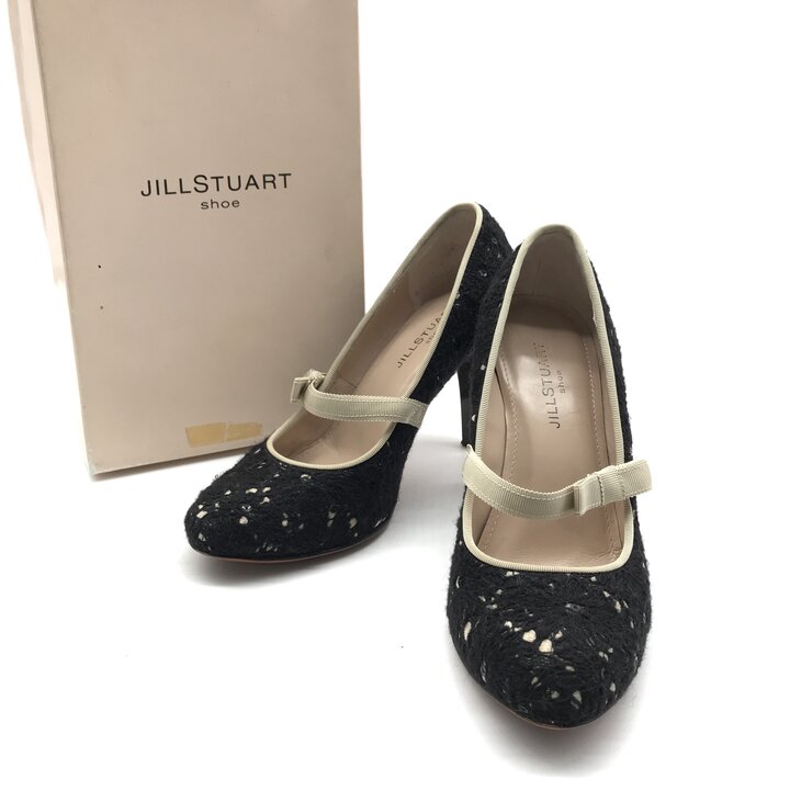 【中古】良品 JILL STUART ジルスチュアート リボン パンプス ブラック ベージュ ヒール 23.5センチ 靴 レディース おしゃれ パーティー c252