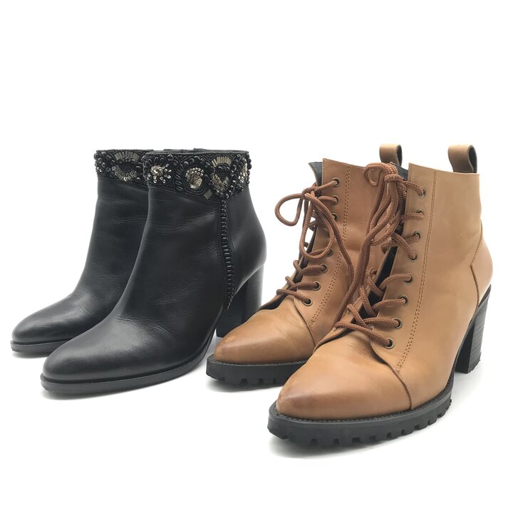 【中古】美品 NINE ナイン ビジュー レースアップ ショート ブーツ ブラック ブラウン 2足 セット まとめ レディース おしゃれ ファッション c257