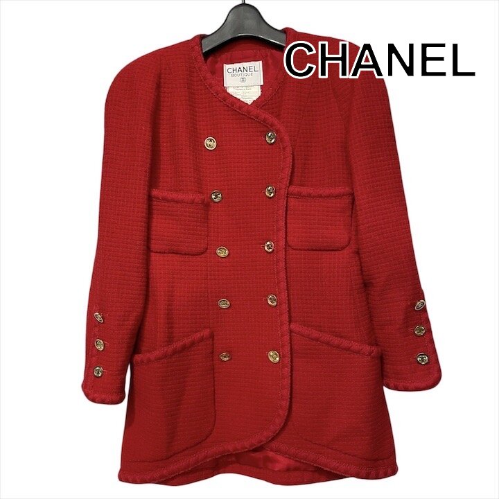 Other Jackets Jumpers - 【中古】美品 CHANEL シャネル ココマーク ボタン ツイード ヴィンテージ ロングコート アウター ファッション レディース レッド h813