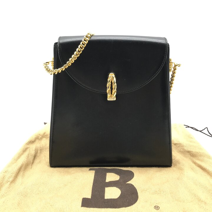【中古】美品 BALLY バリー チェーン ショルダー バッグ 斜め掛け レザー ヴィンテージ ブラック ゴールド金具 レディース フォーマル k7669