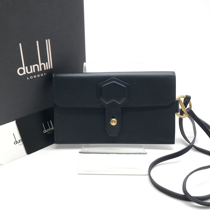 【中古】超美品 Dunhill ダンヒル デューク レザー ショルダー バッグ ミニ ウォレット ネイビー メンズ 斜め掛け ネックポーチ 財布 k7670