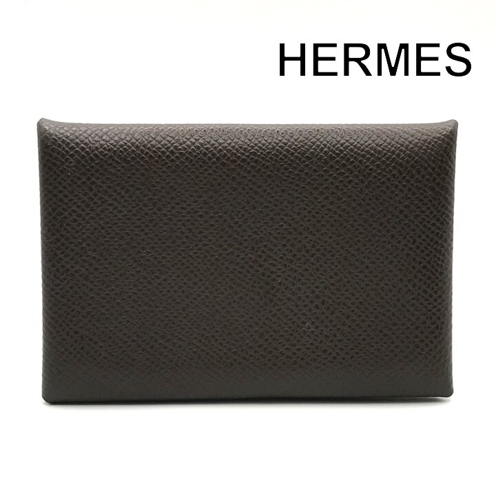 【中古】美品 HERMES エルメス カルヴィ エプソン カードケース レザー ブラウン B刻印 ブランド 小物入れ 名刺入れ メンズ k7672