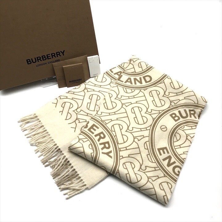 【中古】超美品 BURBERRY バーバリー カシミヤ スカーフ ストール マフラー TBロゴ ファッション 小物 ブラウン ベージュ レディース k7682